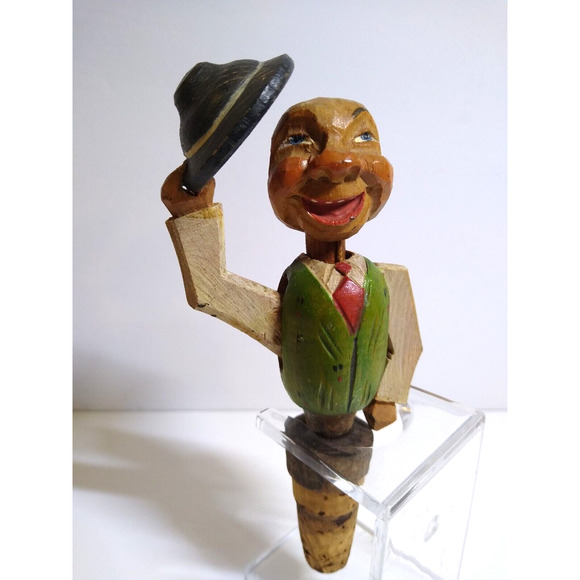 ANRI Mechanical Hat Tipping Bottle Stopper Wood Carved Puppet Barware Cork Green - Picture 2 of 6